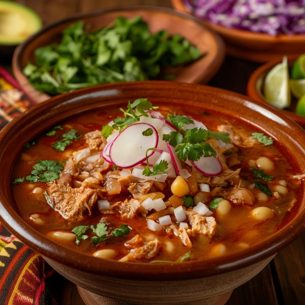 Close-up of a bowl of Taqueria San Miguel's pozole, garnished with radishes, onions, and cilantro.